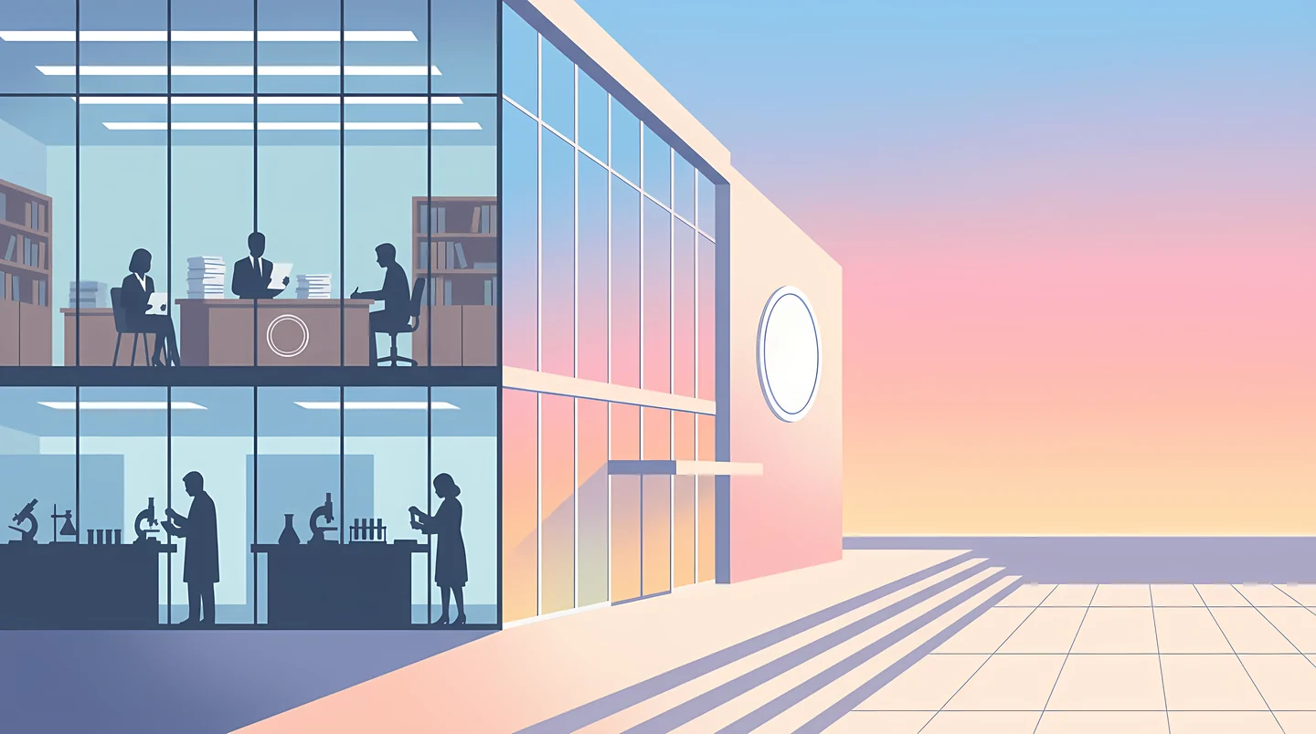 Illustrated research building at dusk, laboratory below and library above