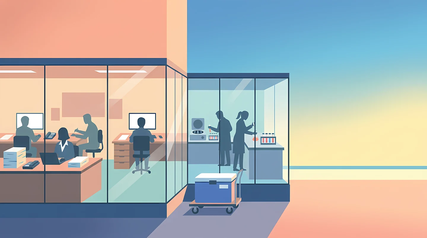Illustrated clinic wing with offices, a laboratory and a sample cooler in transit