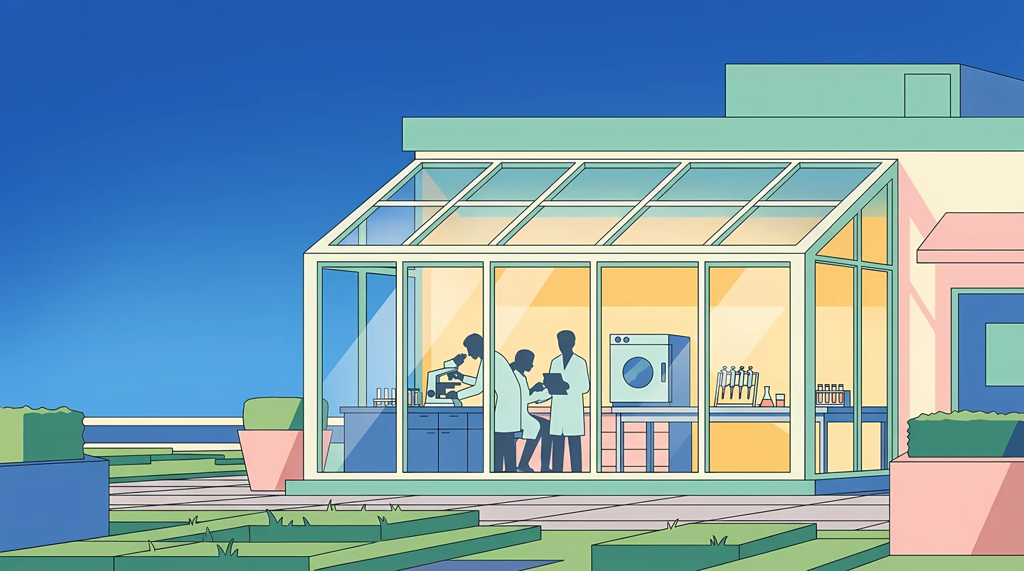 Illustrated glass lab pavilion above a bay, scientists working at the bench