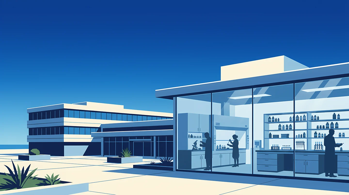 Illustrated public research campus, a glass laboratory wing with reagent shelves
